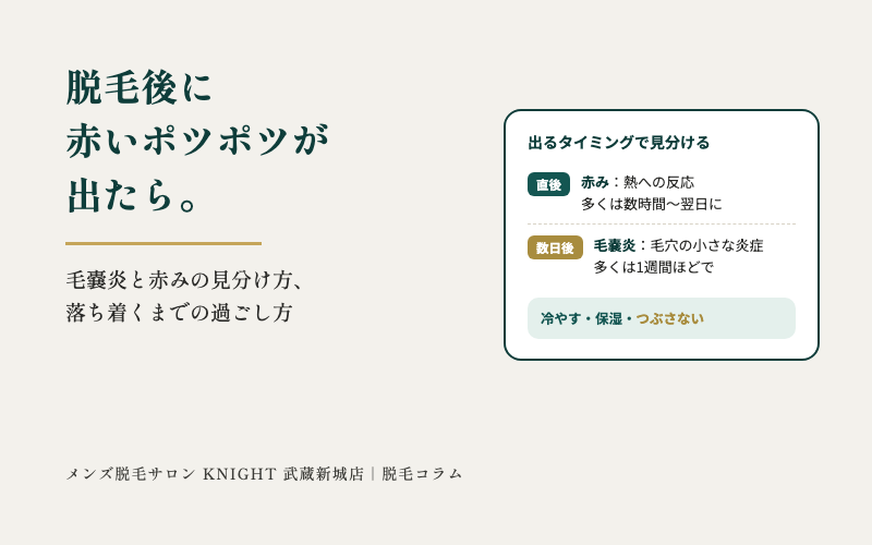 脱毛後に赤いポツポツが出たら。毛嚢炎と赤みの見分け方、落ち着くまでの過ごし方｜KNIGHT武蔵新城店