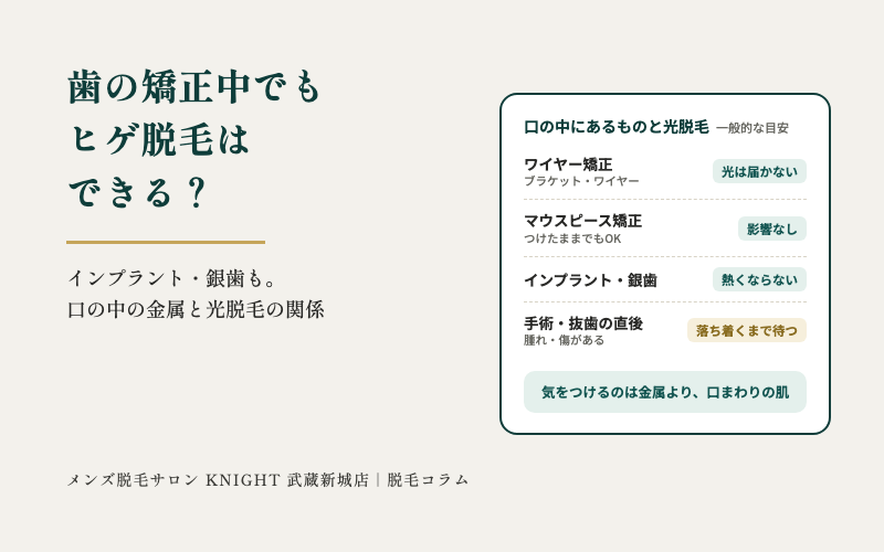 歯の矯正中・インプラント・銀歯があってもヒゲ脱毛はできる？口の中の金属と光脱毛の関係｜KNIGHT武蔵新城店