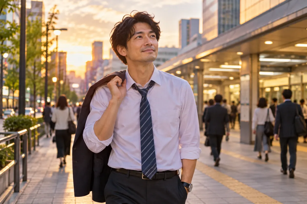 30代のメンズ脱毛のイメージ｜仕事帰りに駅前を歩く男性