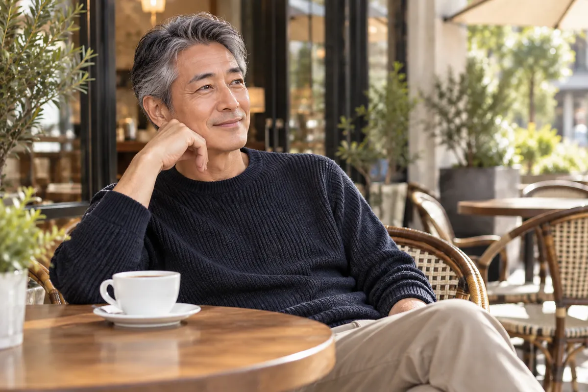 50代のメンズ脱毛のイメージ｜カフェのテラスでくつろぐ男性