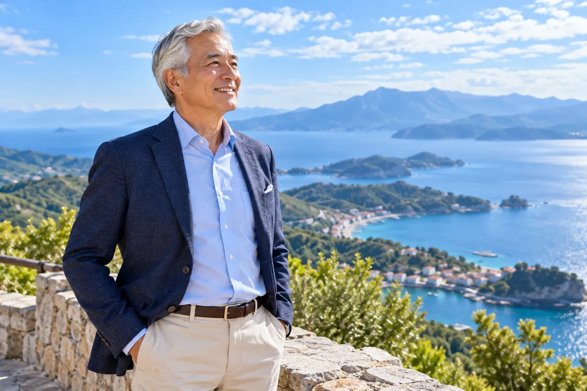 60代のメンズ脱毛のイメージ｜海の見える丘に立つジャケット姿の男性