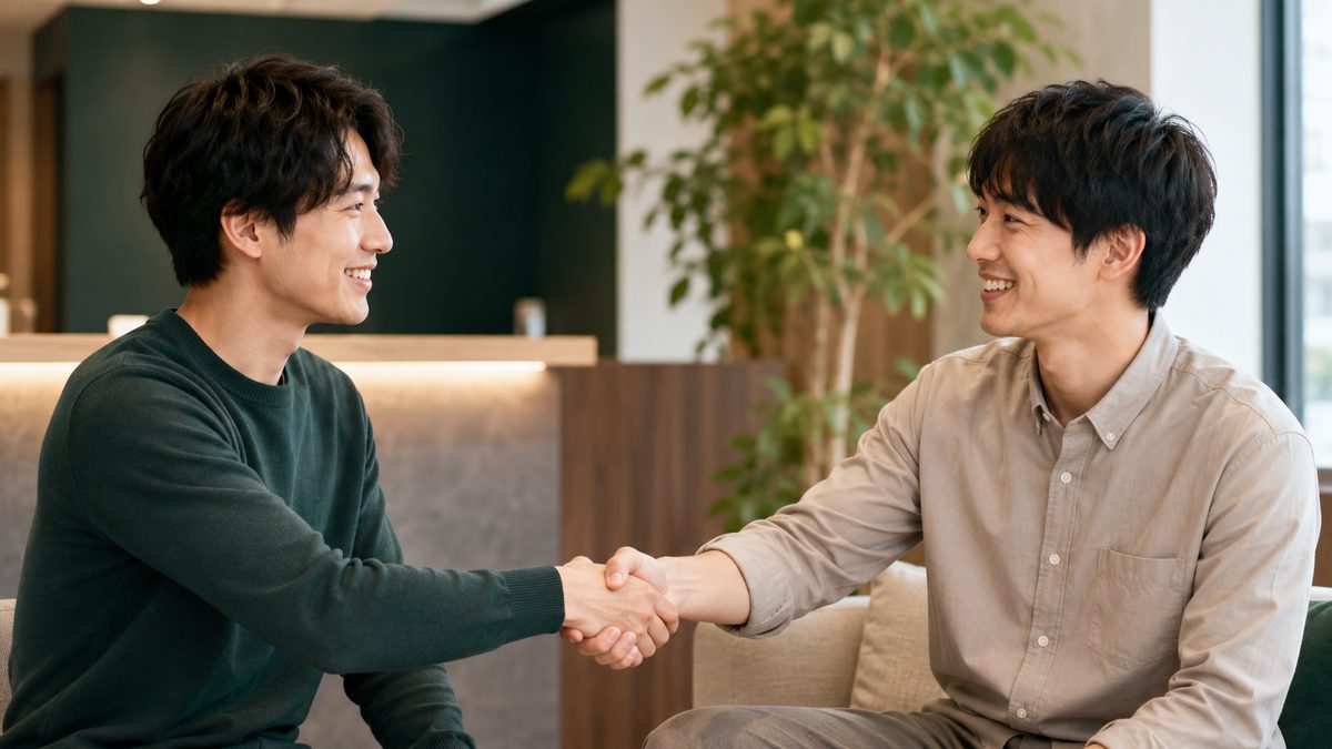 お友達を紹介し合う男性ふたり｜メンズ脱毛サロンKNIGHTのご紹介キャンペーン