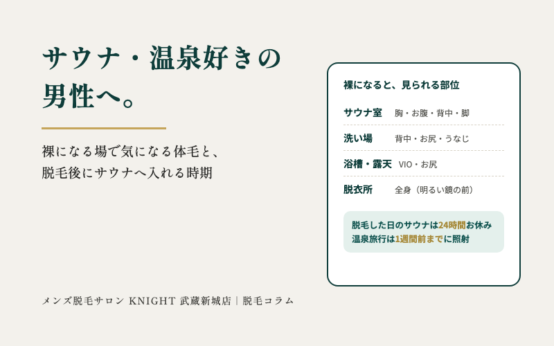 サウナ・温泉好きの男性へ。裸になる場で気になる体毛と、脱毛後にサウナへ入れる時期｜KNIGHT武蔵新城店