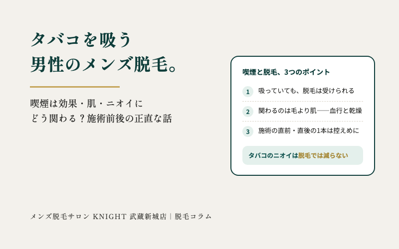 タバコを吸う男性のメンズ脱毛。喫煙は効果・肌・ニオイにどう関わる？施術前後の正直な話｜KNIGHT武蔵新城店